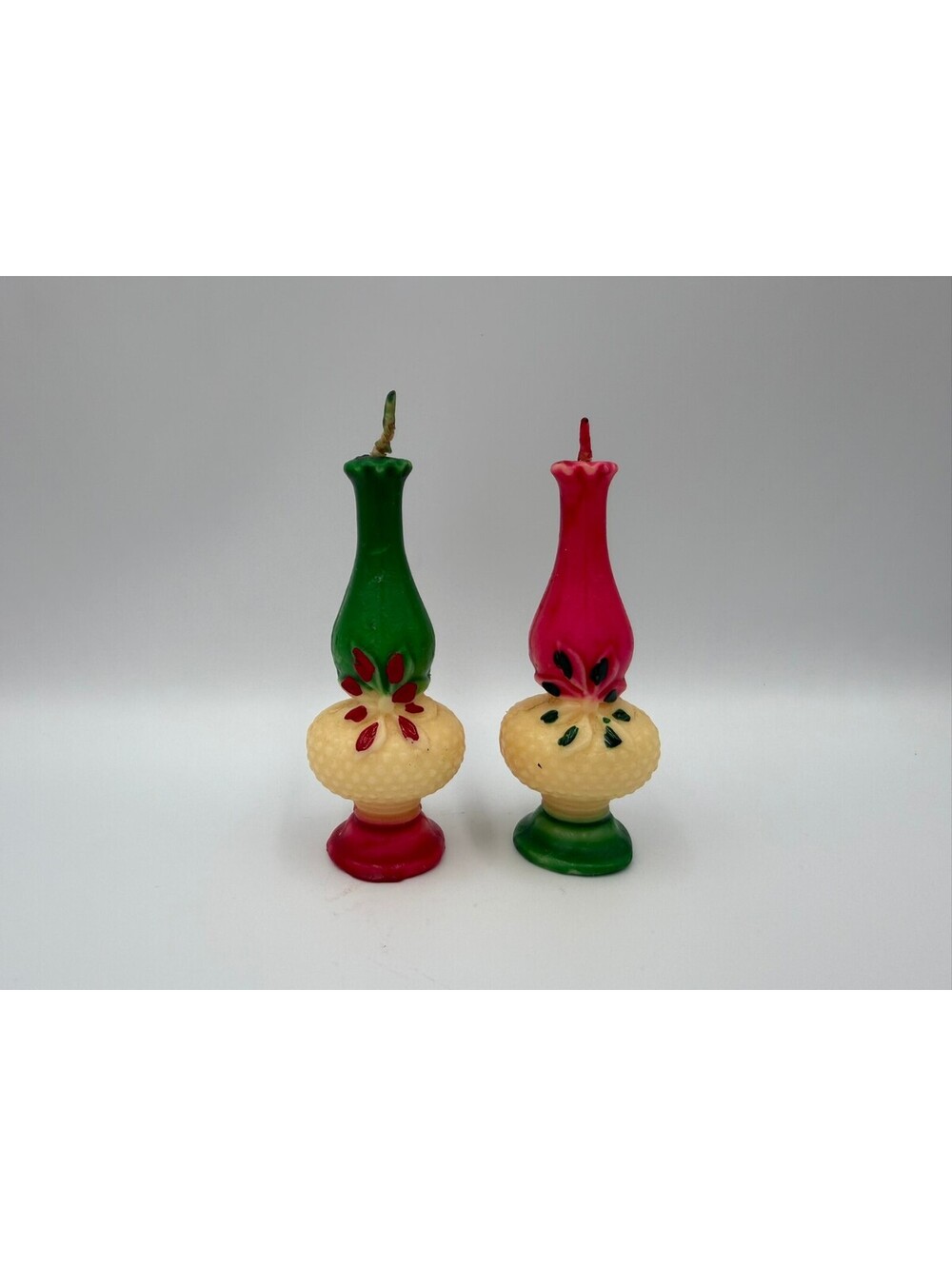 Vintage Christmas Oil Lamp Figural Candles Pair Red Green Holiday 4" MCM Decor